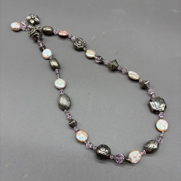 Artisan Silver Plated Bead Necklace Coin Pearl Pink Crystal Floral Toggle Clasp - Picture 4 of 9